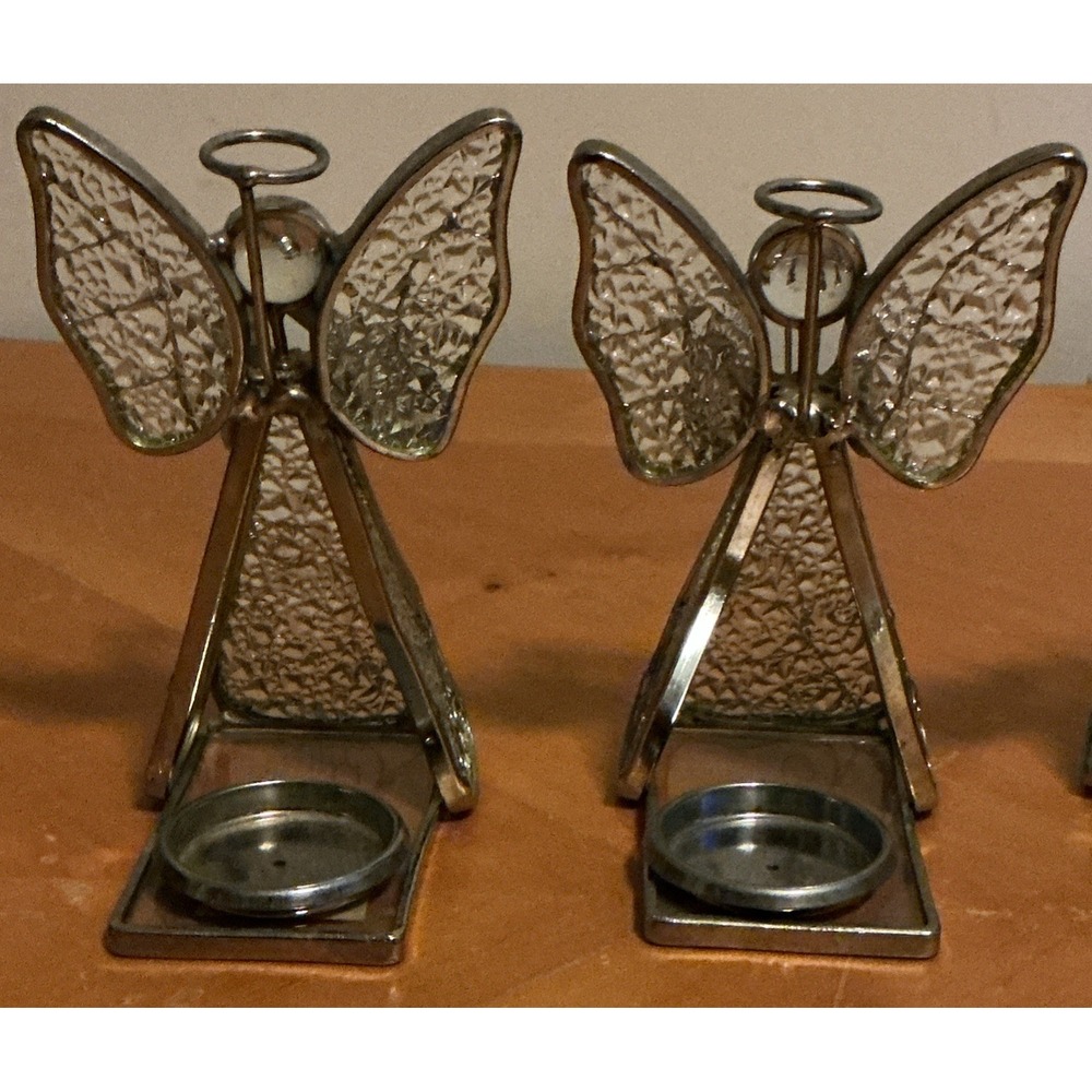 Set Of 3 Textured‎ Glass Angel Figurine Tealight Holder Holding Instruments - Picture 10 of 14
